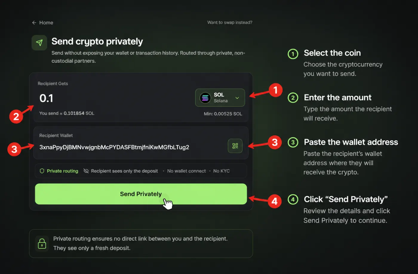 Step 2: Choose coin, enter amount, and paste the recipient wallet address
