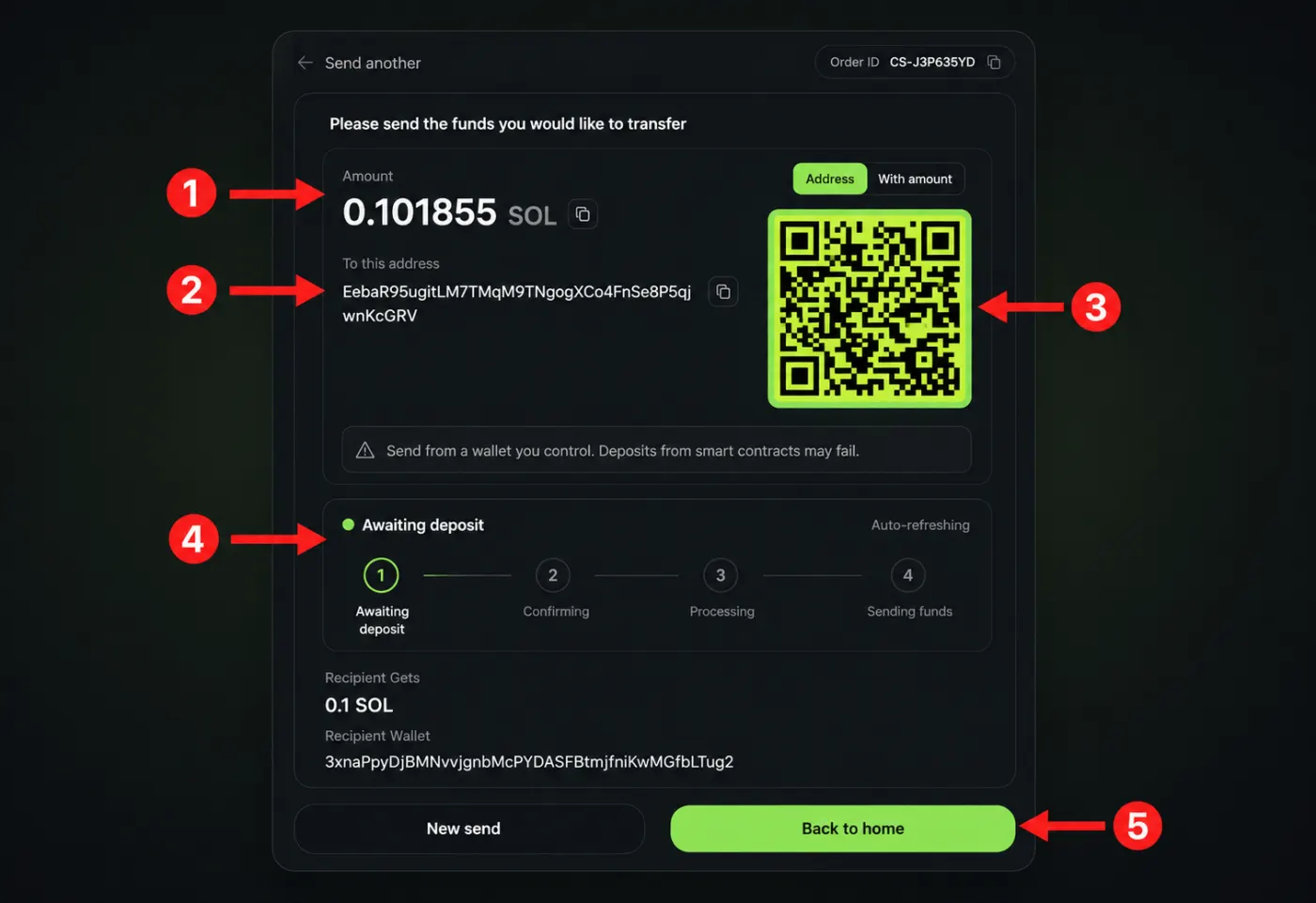 Step 3: Send the exact amount to the generated deposit address or QR code