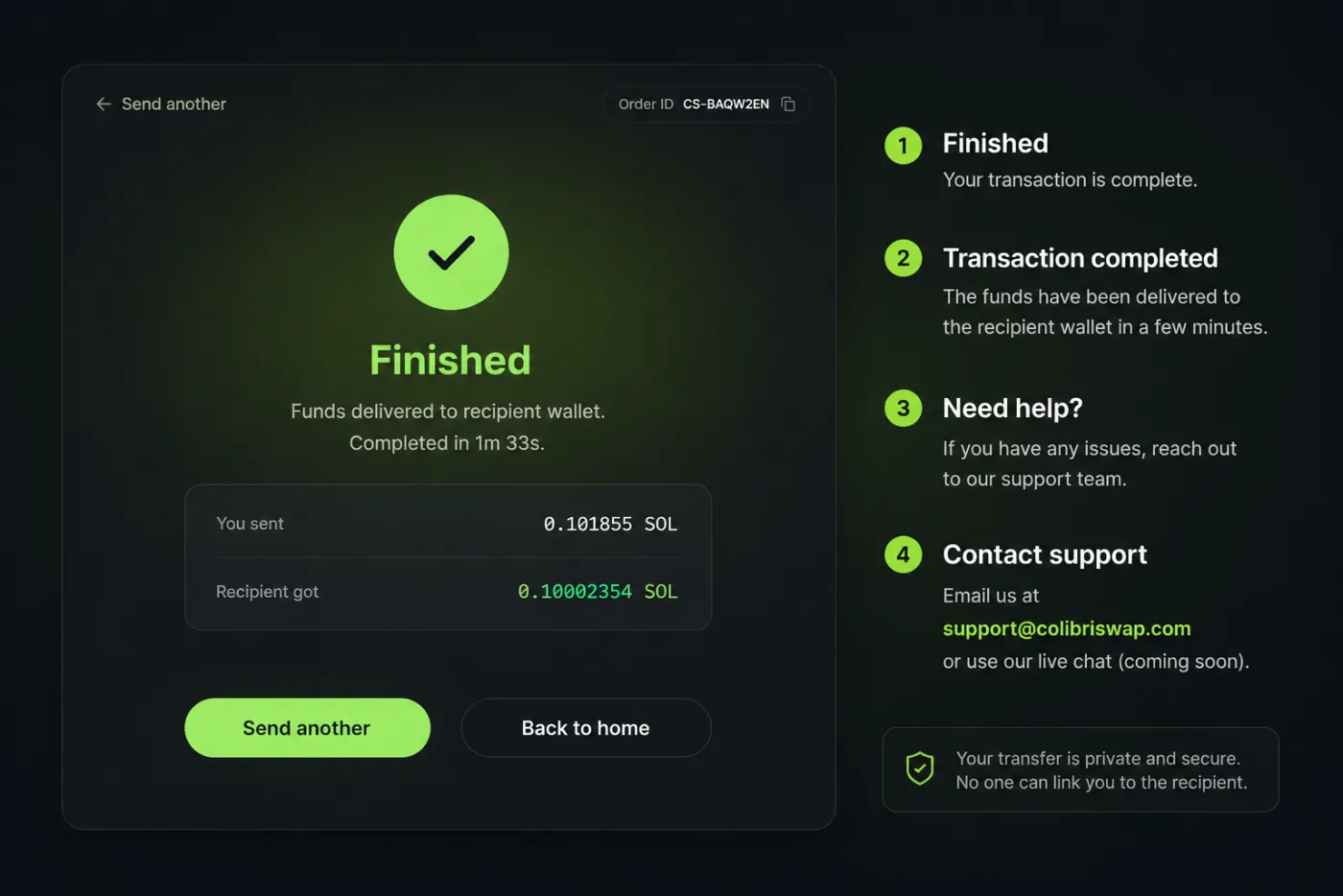 Step 4: Finished screen confirming funds were delivered to the recipient